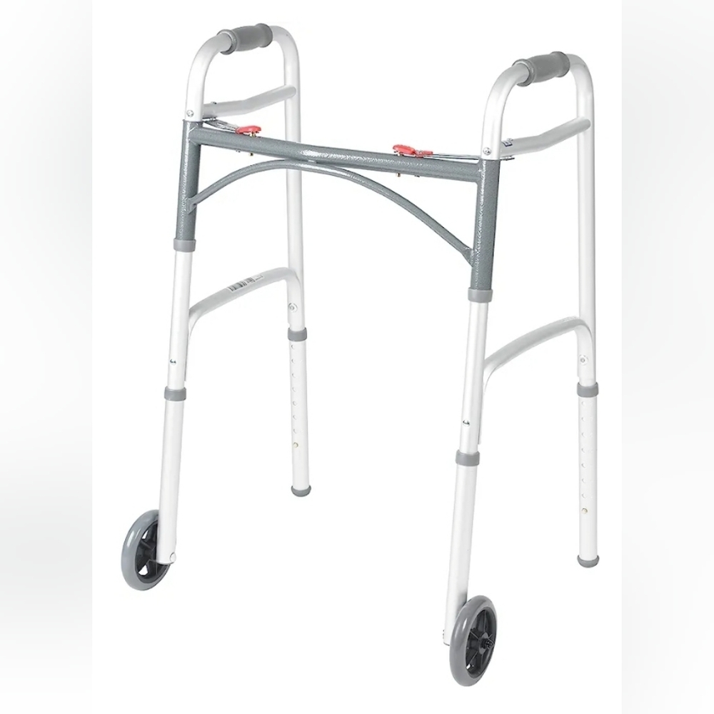 Drive Medical Deluxe Two Button Folding Walker with 5" Wheels, Silver, 1 Count